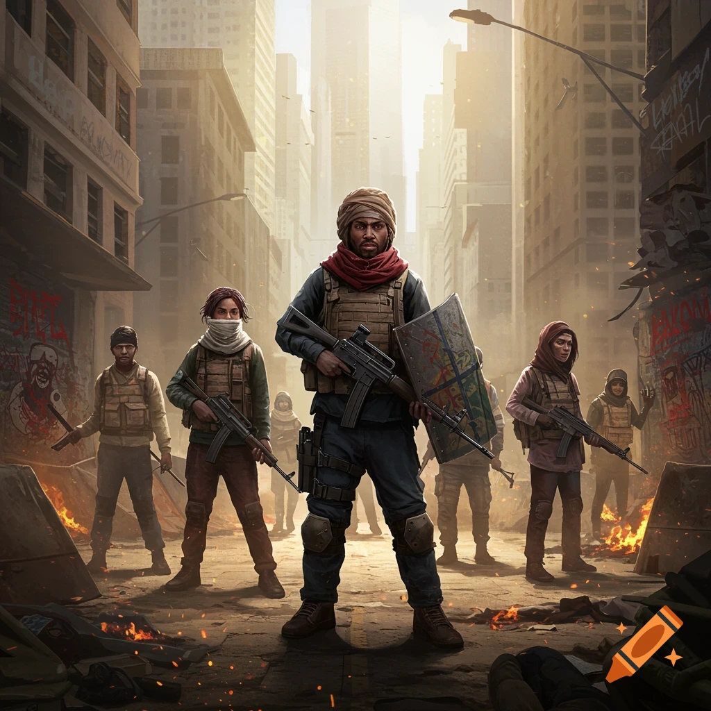 A group of resistance fighters with weapons and tactical gear stand in a ruined city street with fires and debris, under a bright, hazy sky.