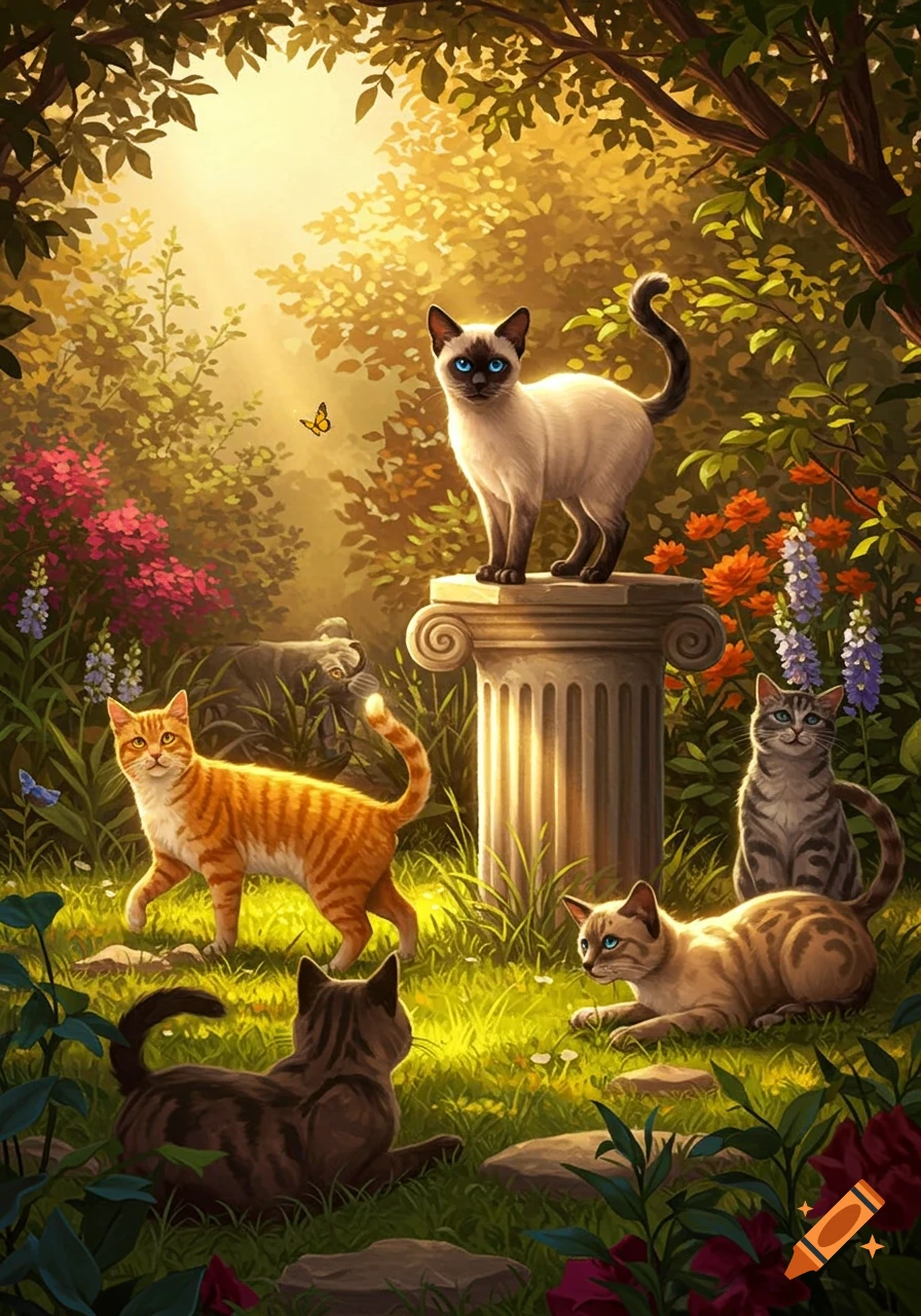 Multiple cats, including a Siamese on a classical pillar, an orange tabby, and other cats, in a sunlit, lush fantasy garden.