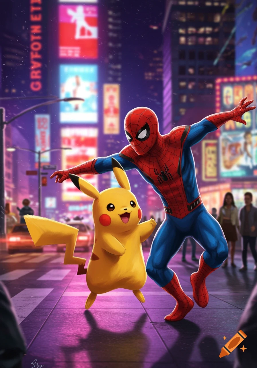 Spider-Man and Pikachu dance on a neon-lit city street at night, surrounded by blurred buildings and pedestrians.