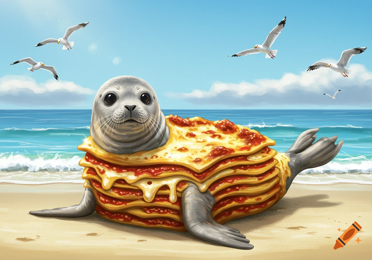 A seal with a lasagna body lies on a sandy beach by the ocean, with seagulls flying in a blue sky.