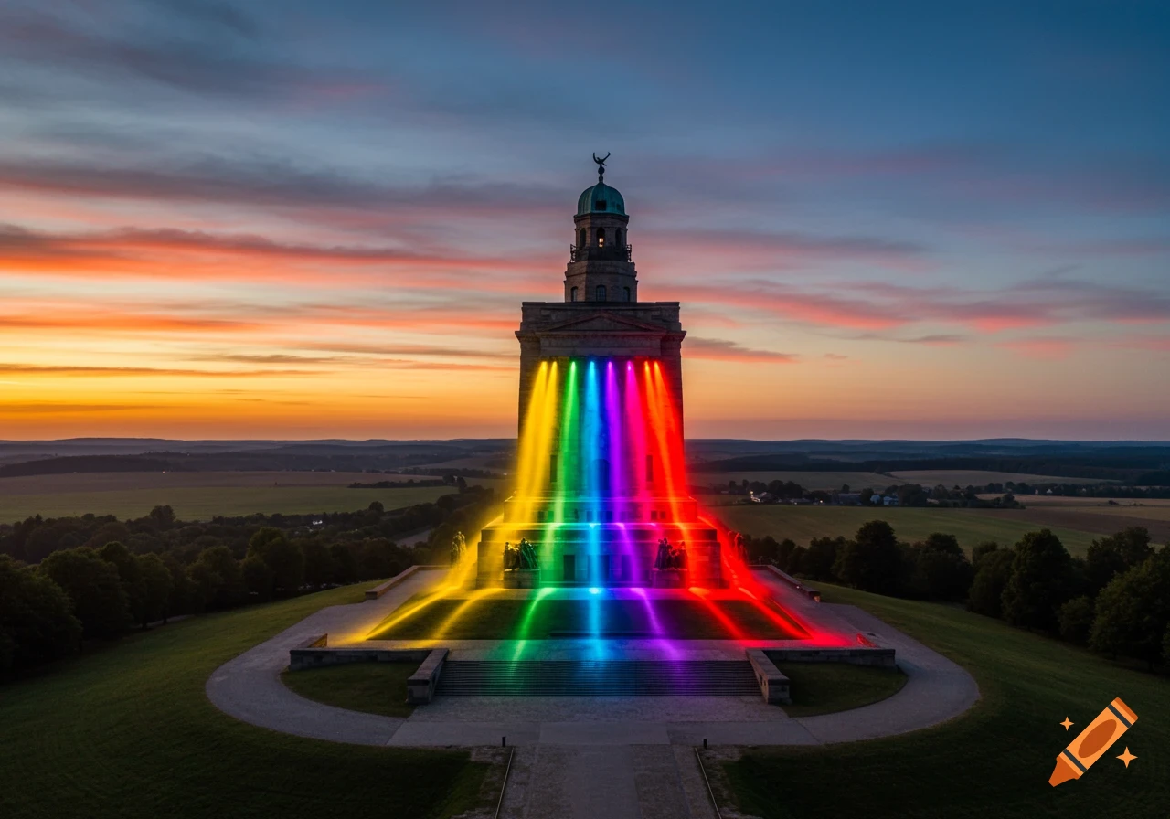 Photorealistic image of the Burschenschaftsdenkmal monument at sunset, illuminated with vibrant rainbow colors cascading down its steps.