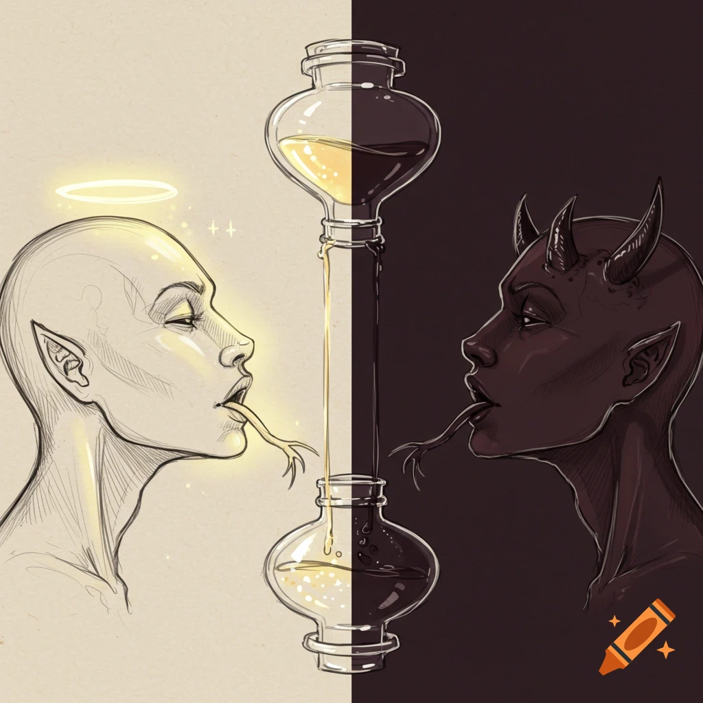 Stylized sketch of an angelic and demonic figure with snake tongues receiving liquid from a central potion vial, symbolizing good vs. evil.