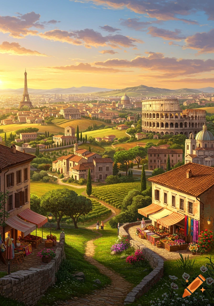 Idyllic European landscape with Eiffel Tower, Colosseum, vineyards, and market stalls under a golden sunset.