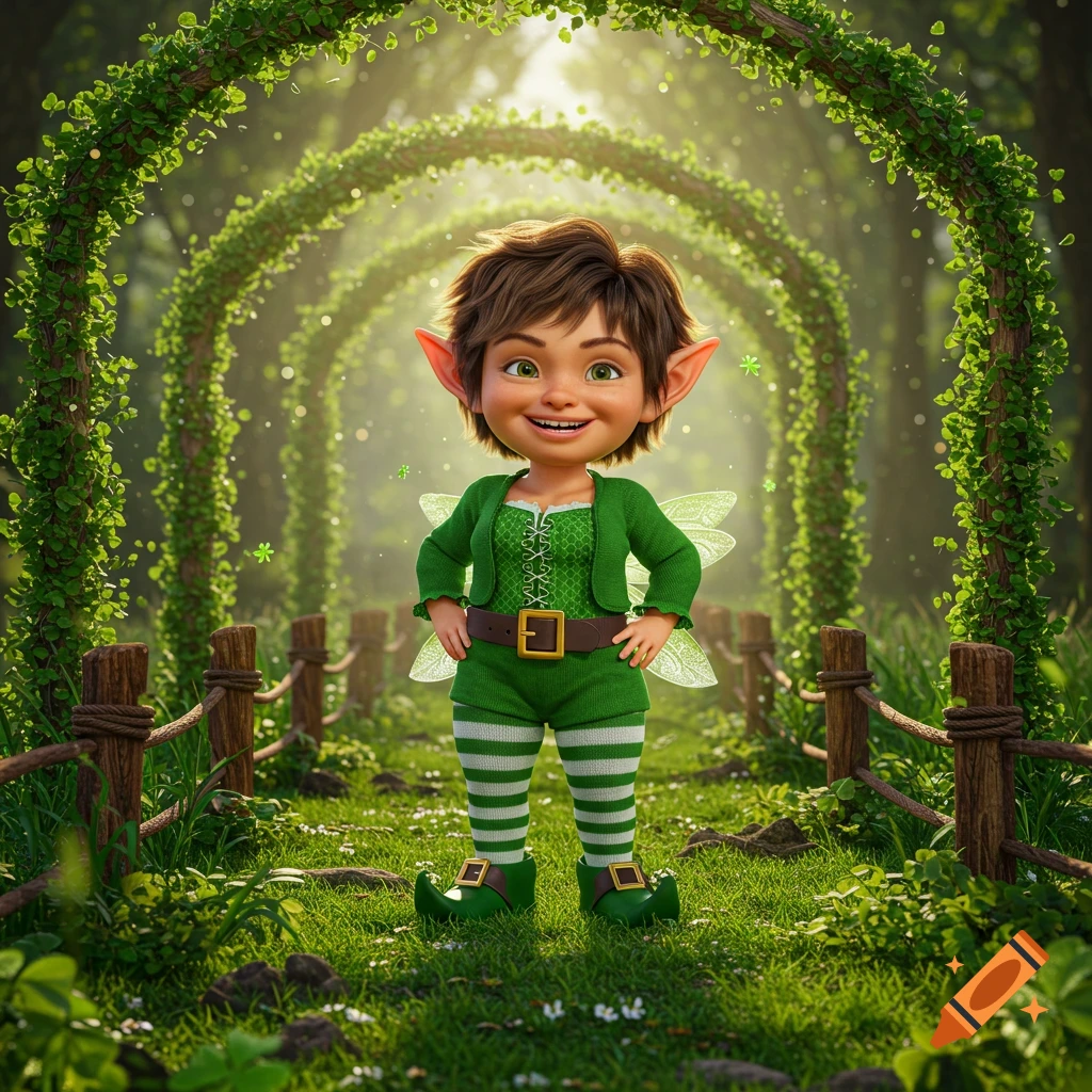 A whimsical, cheerful cartoon leprechaun with pointy ears and tiny wings stands in a magical forest path with vine arches.