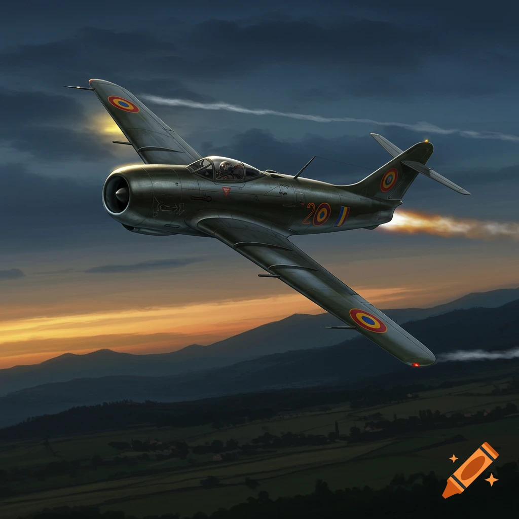 A dark green jet fighter with Romanian roundels flies at sunset over mountains and fields, viewed from below.