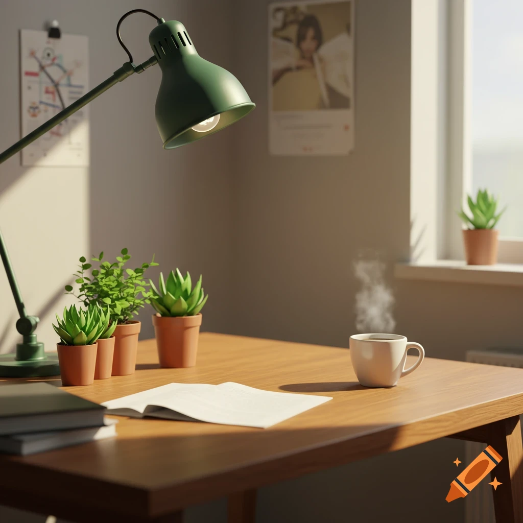 A minimalist desk setup with a green lamp, potted plants, books, an open notebook, and a steaming coffee cup, bathed in sunlight.