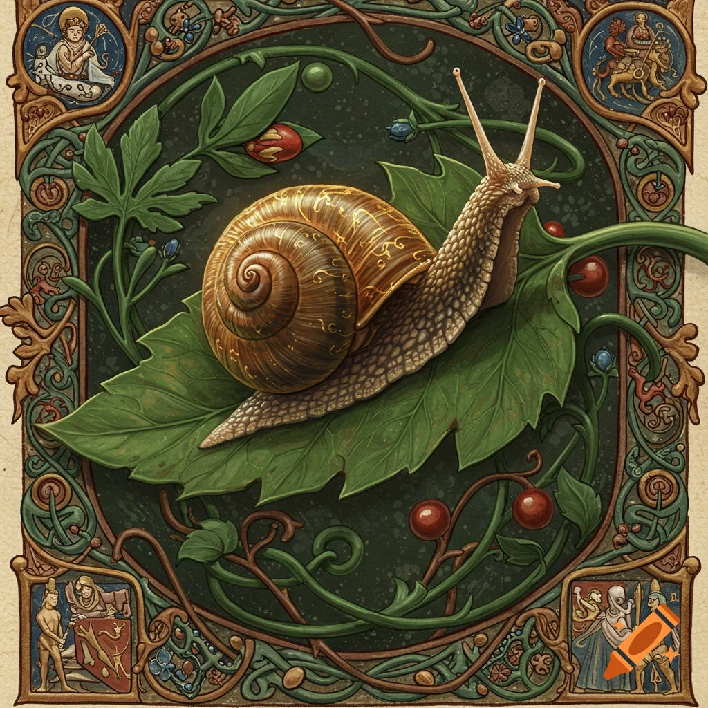 Medieval manuscript illustration of a snail on a leaf with a decorative border.