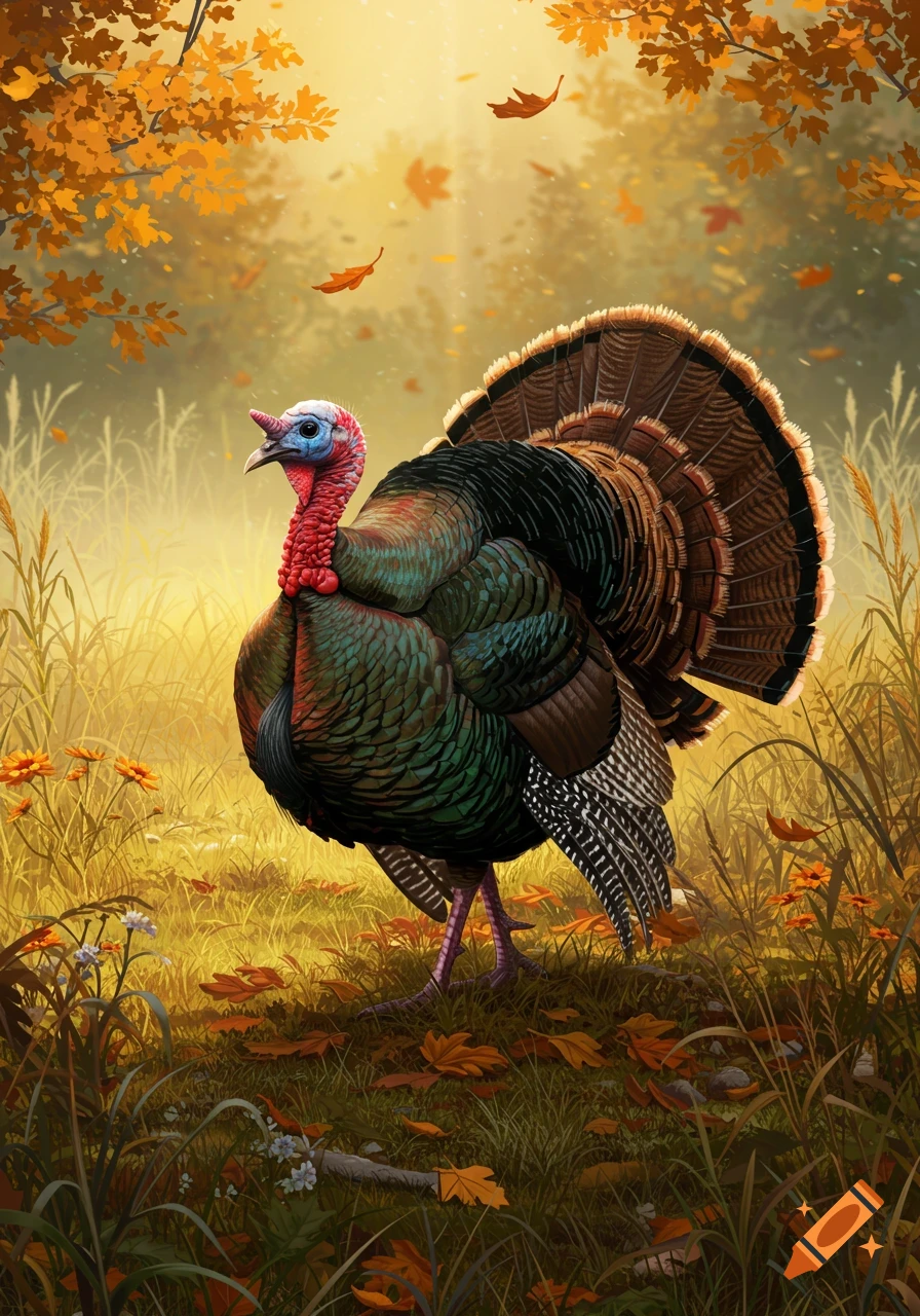 A vibrant illustration of a turkey with fanned tail feathers standing in a golden autumn forest with falling leaves.