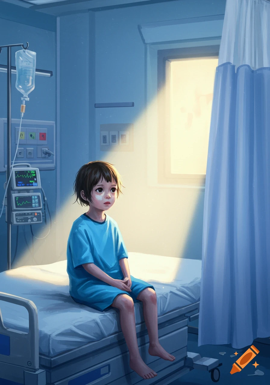 An illustrated sad child in a blue gown sits on a hospital bed, bathed in sunlight from a window, surrounded by medical equipment.