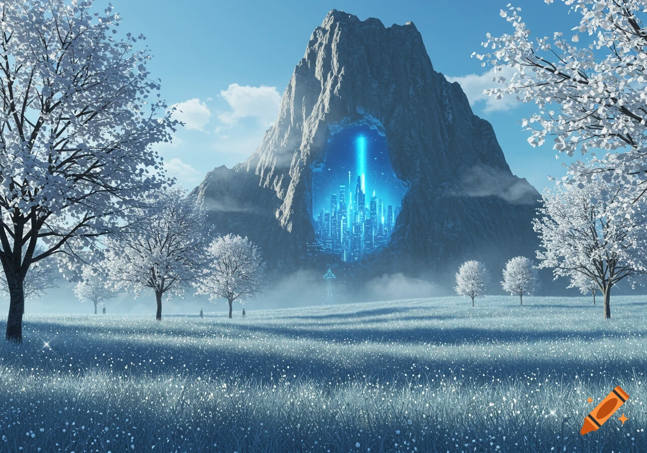 Winter landscape with snow-covered trees, glistening grass, and a mountain revealing a glowing blue futuristic city.