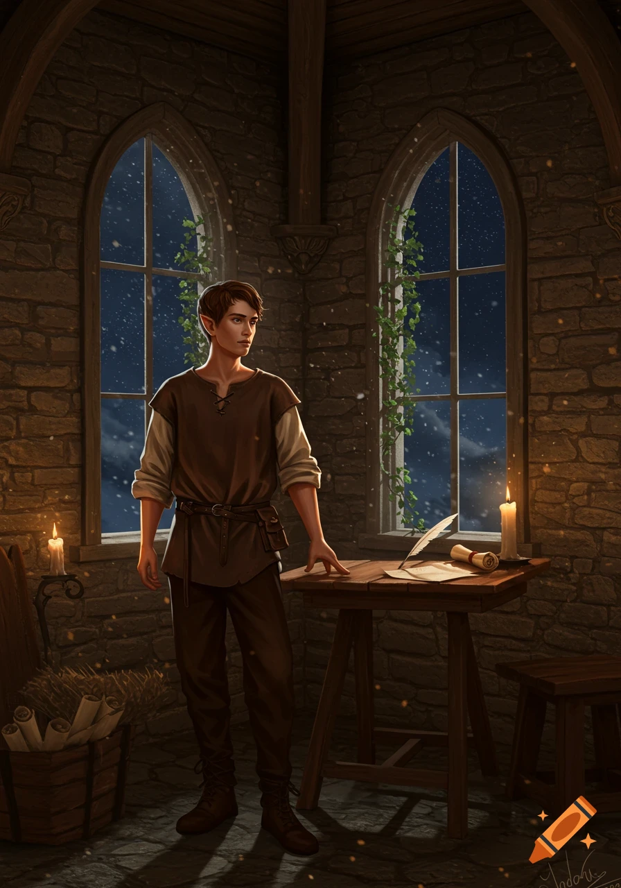 A young elf-like man in medieval attire stands in a dimly lit stone room by a desk, looking out arched windows at a snowy night.