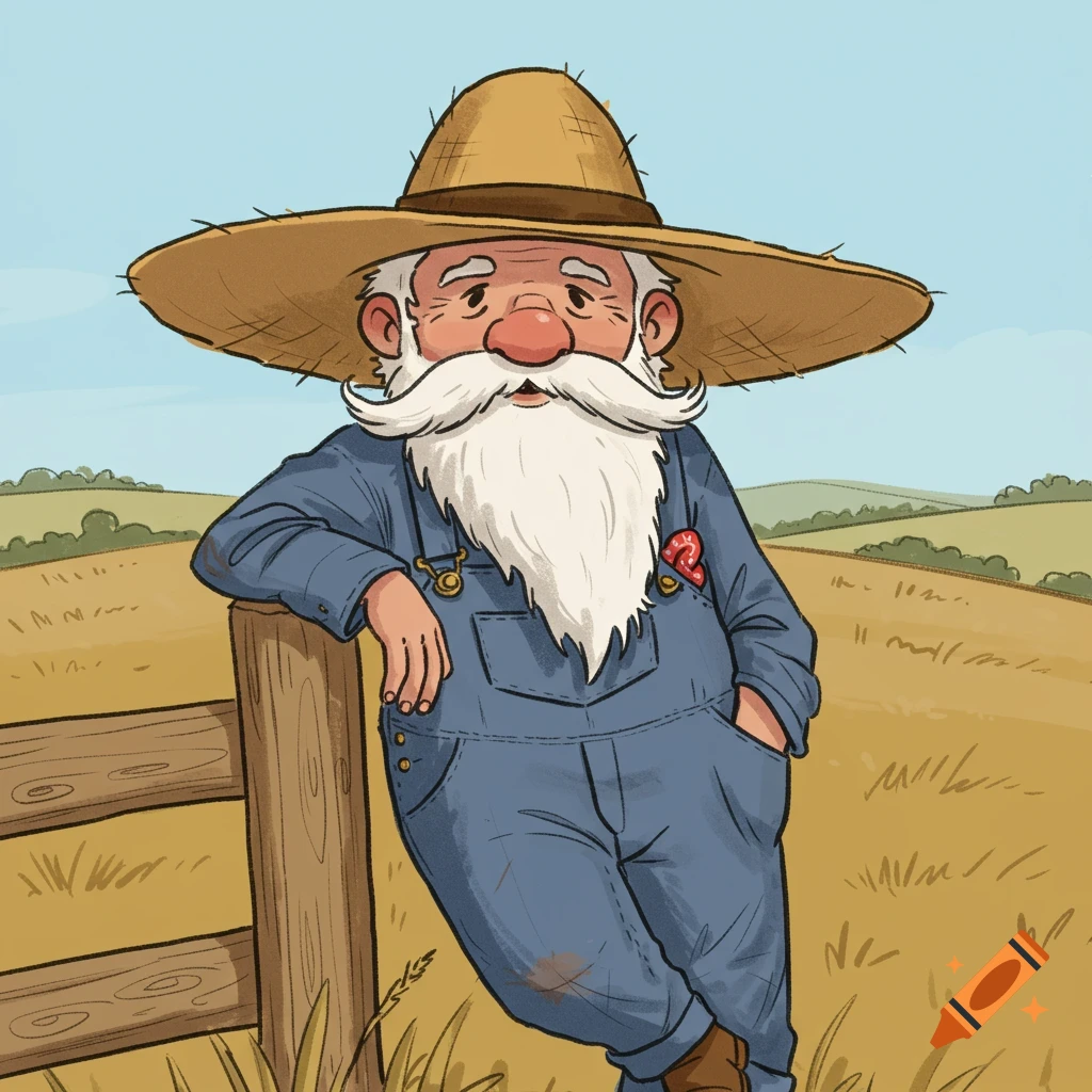 Cartoon illustration of an old man with a long white beard, straw hat, and blue overalls, leaning on a wooden fence in a golden field.