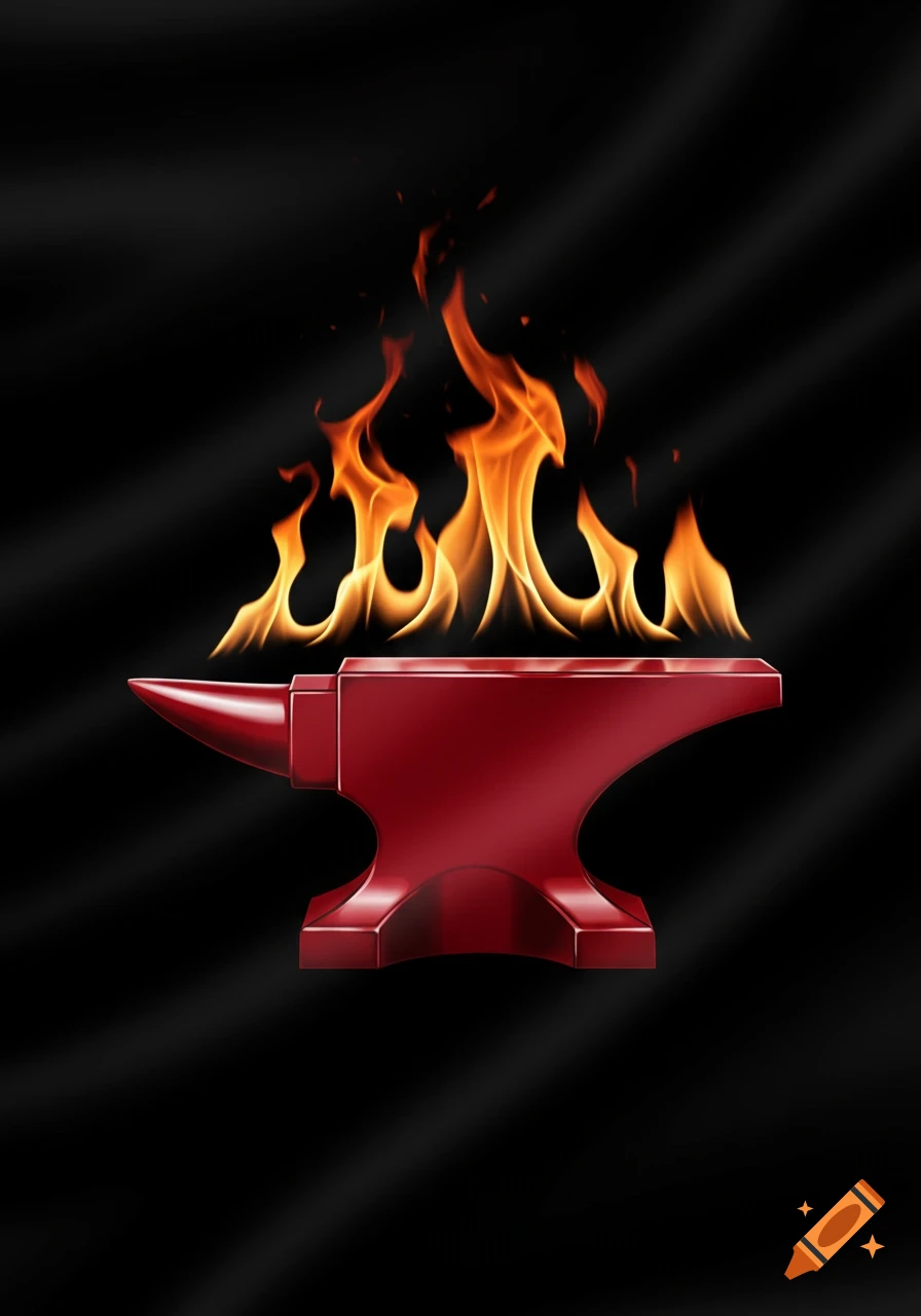 A red anvil with bright orange flames rising above it, set against a dark, subtly textured black background.