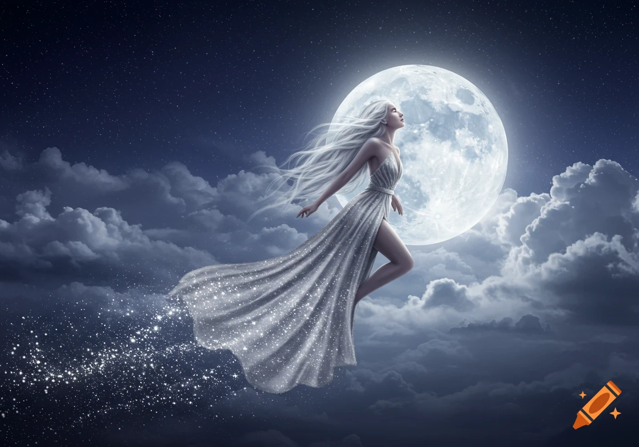 Fantasy art of a white-haired woman in a sparkling dress floating in a starry night sky with a full moon.
