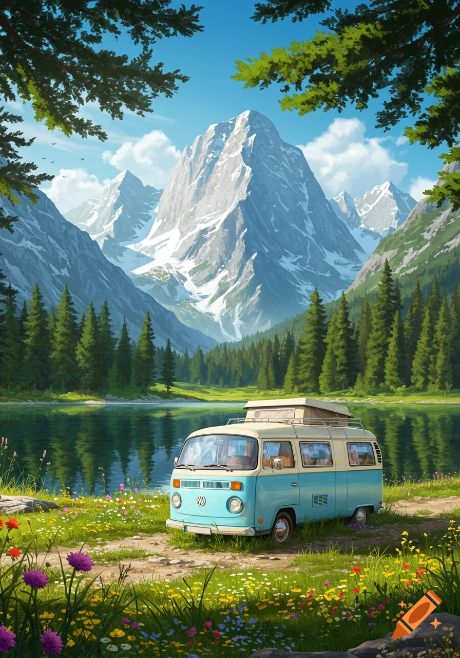 Illustrated blue and white campervan by a lake, surrounded by wildflowers, pine forests, and snow-capped mountains.