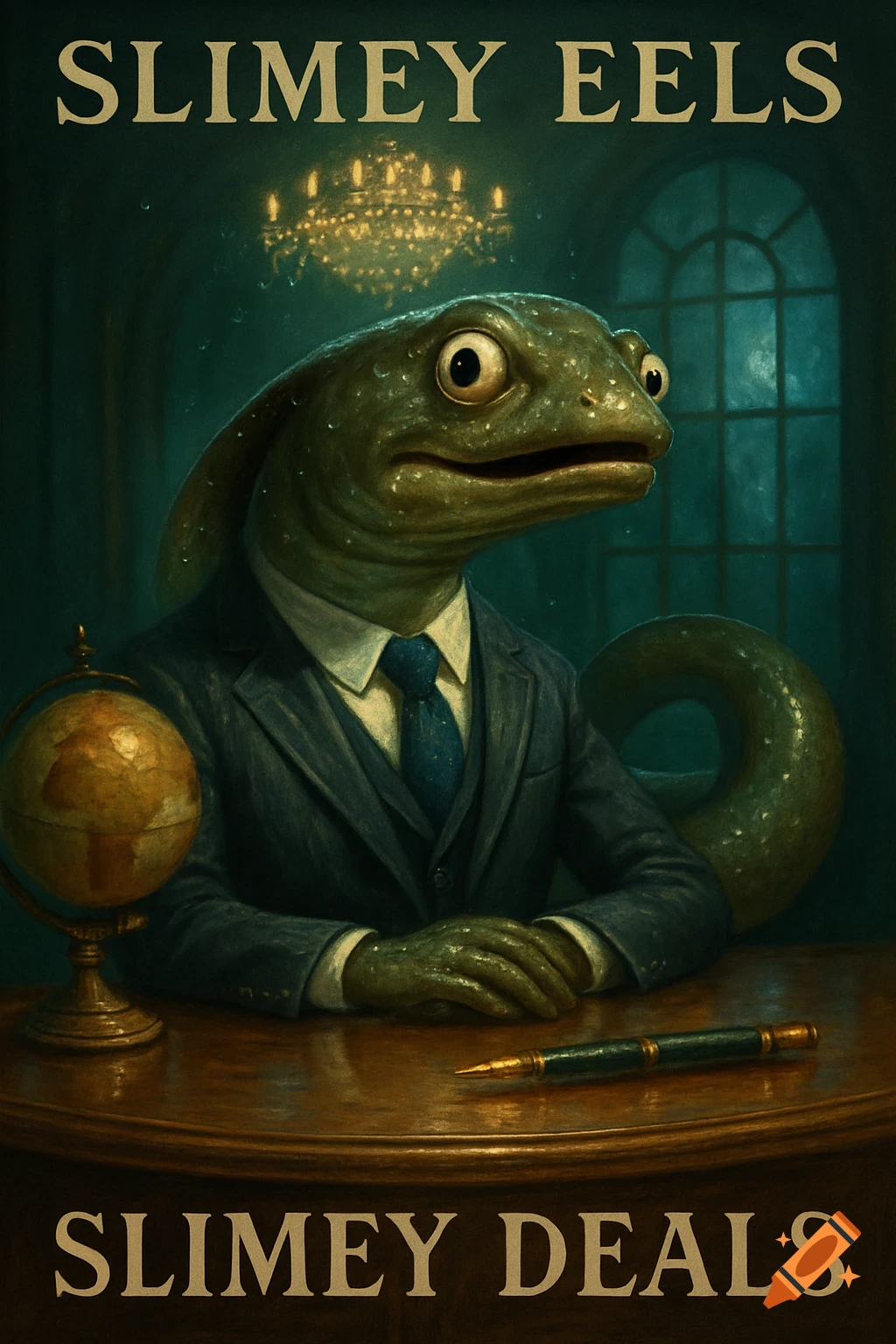 An anthropomorphic eel in a suit and tie sits at a desk under a chandelier with text "SLIMEY EELS" and "SLIMEY DEALS"
