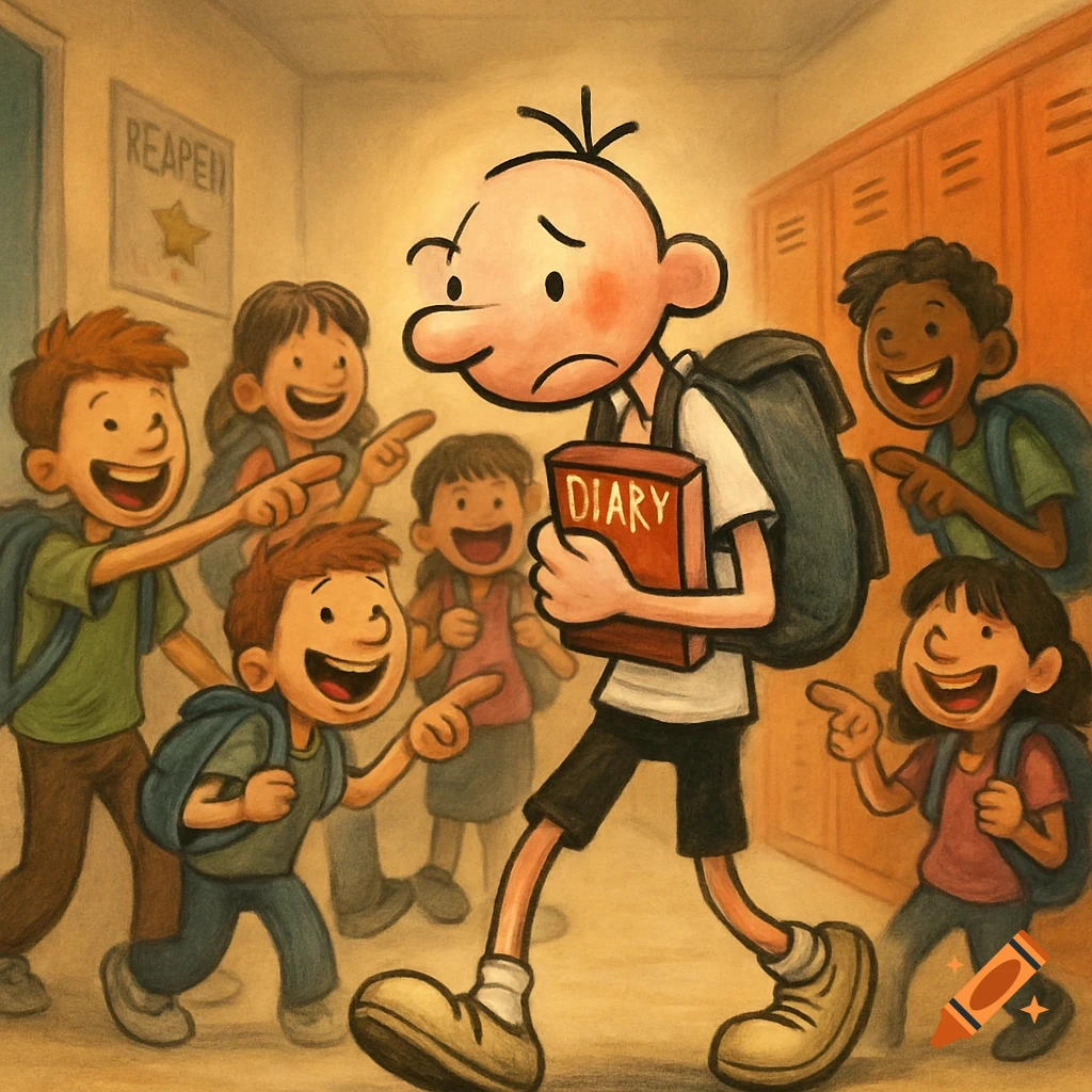 Cartoon image of Greg Heffley holding a book marked "DIARY" as other kids point and laugh at him in a school hallway. He looks sad and embarrassed.