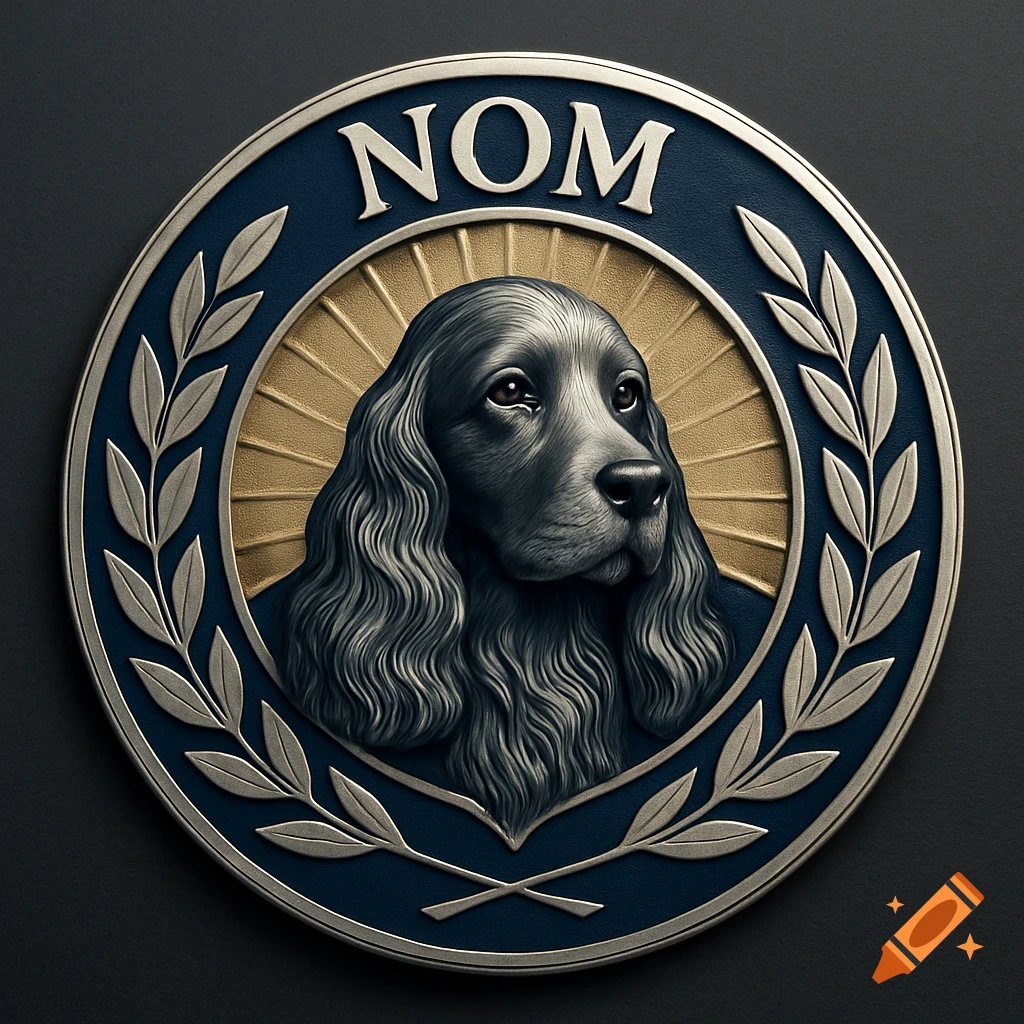 An ornate, metallic badge featuring a detailed cocker spaniel head in the center, surrounded by laurel branches, with 'NOM' inscribed at the top.