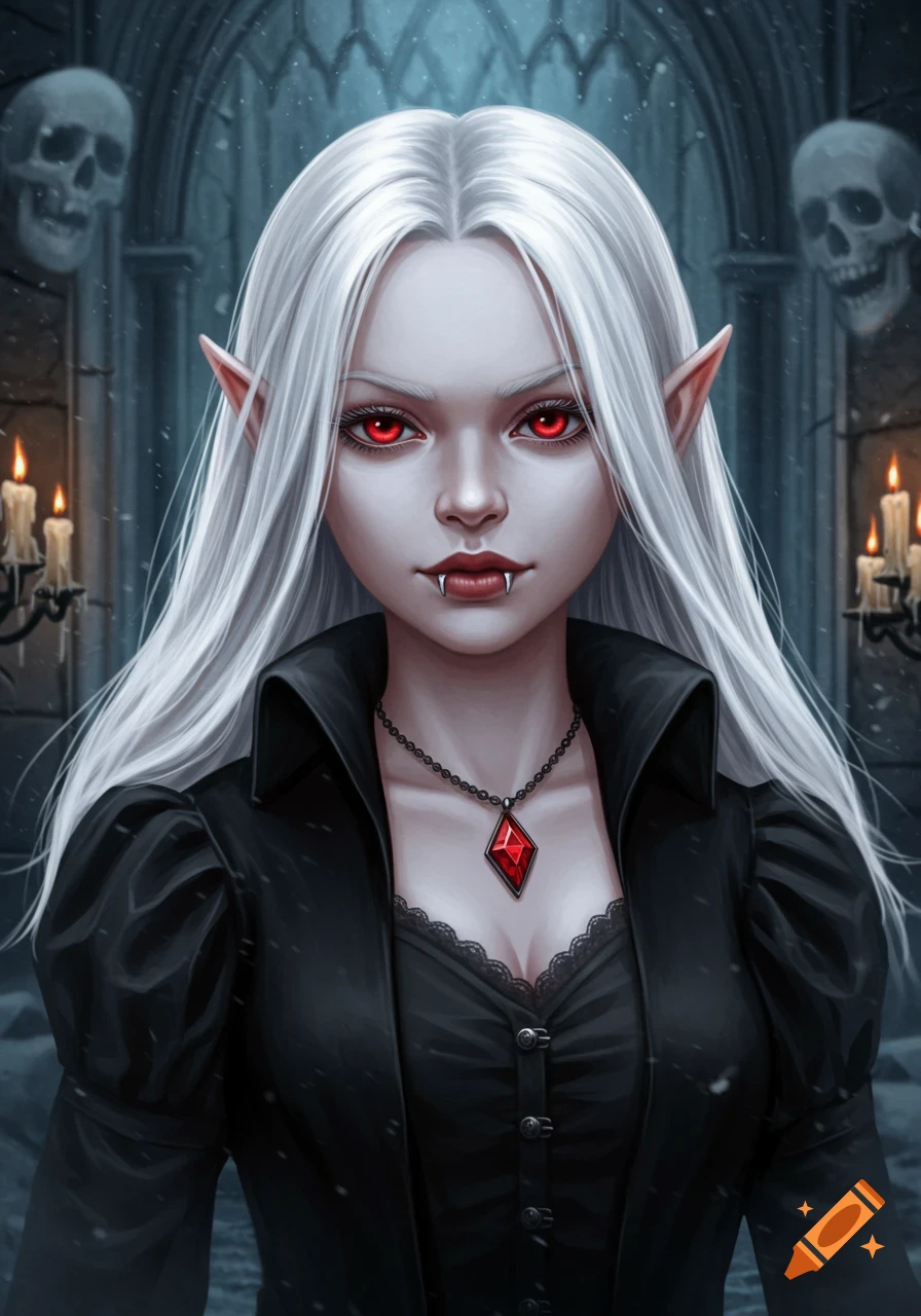 A pale female vampire with white hair, red eyes, and fangs wears black clothes and a red gem necklace in a gothic setting.