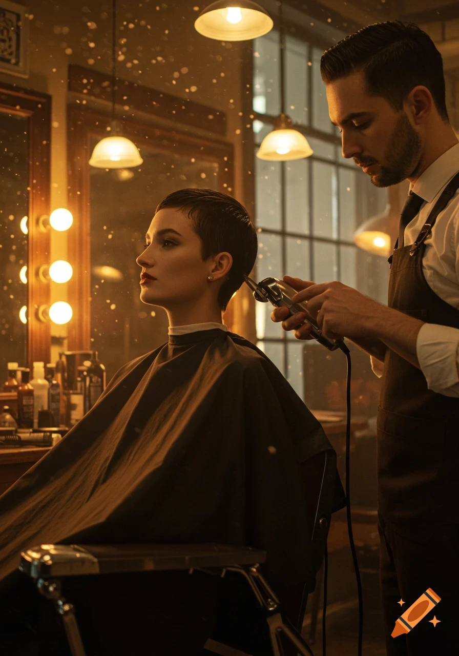 A woman gets a buzzcut from a barber in a stylish, softly lit barbershop, photorealistic.
