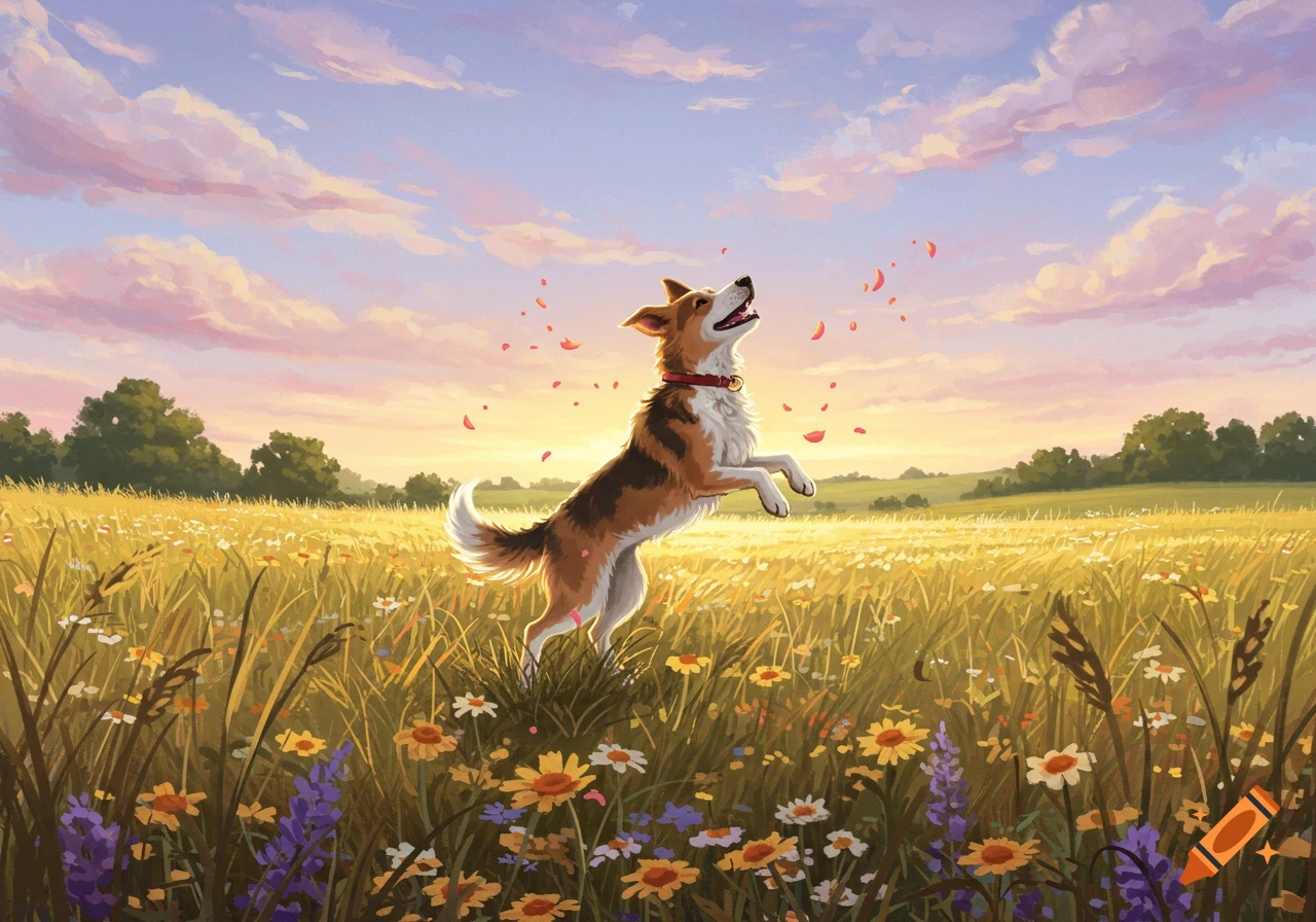 An illustrated happy dog jumps in a golden field of wildflowers with petals falling, under a colorful sunset sky.