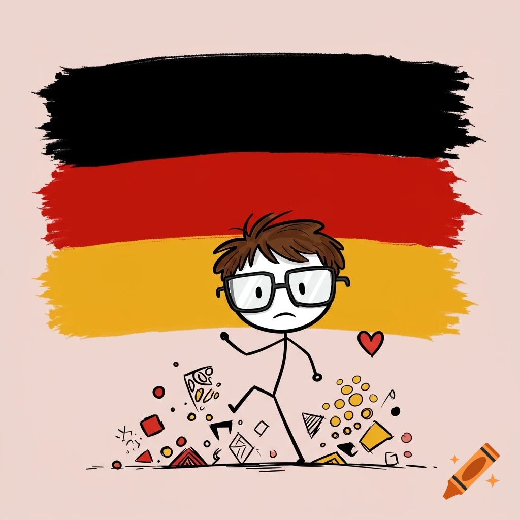 A stylized digital sketch of a stick figure with glasses and brown hair kicking abstract shapes in front of a German flag, with a small heart.