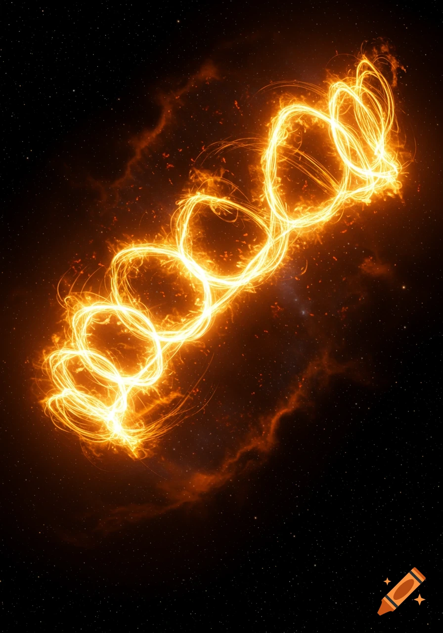 Bright orange and yellow glowing light trails spiral in dark, star-filled space with faint nebulas.