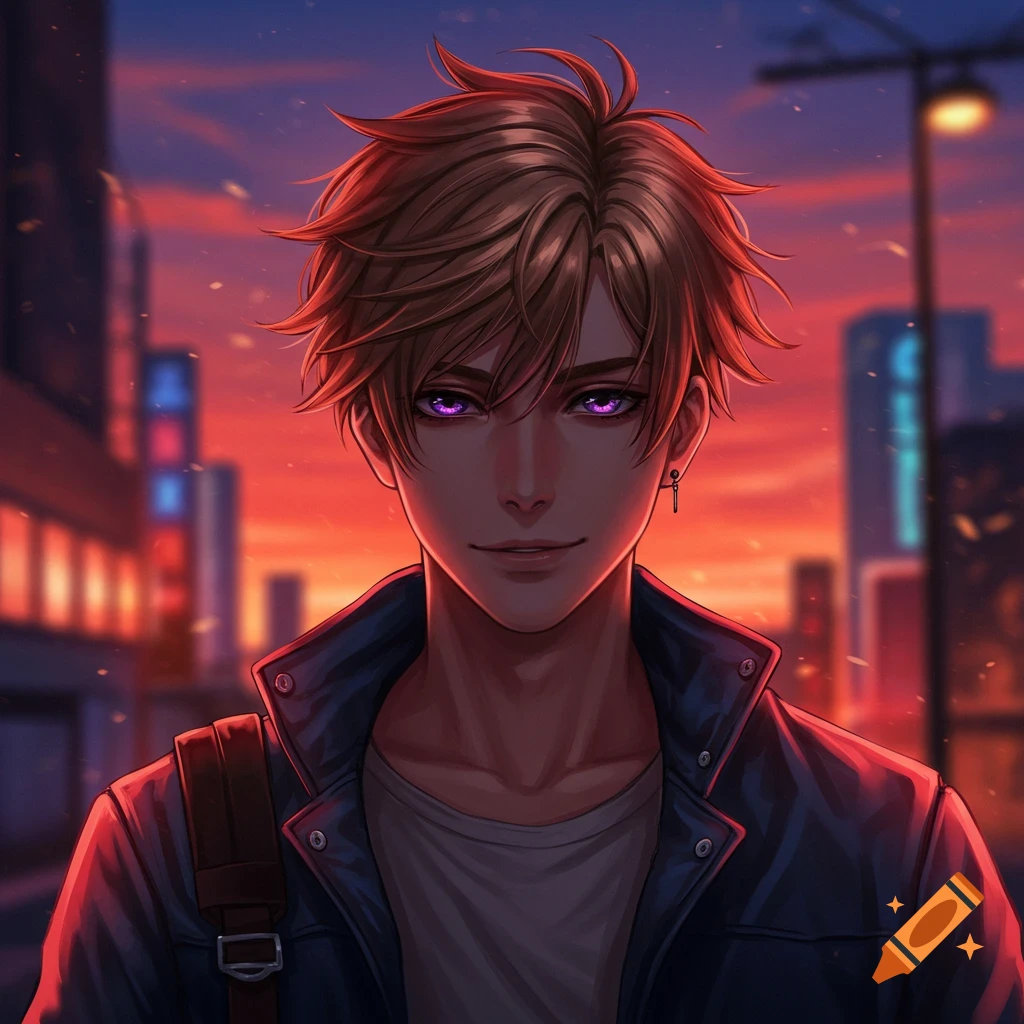 Anime male character with light brown hair and glowing purple eyes, in a city at sunset.