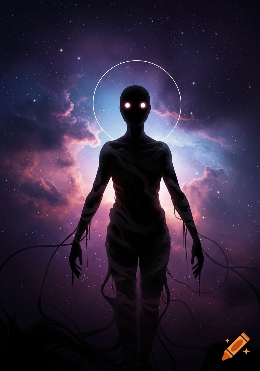 A dark, faceless humanoid creature with glowing pink eyes and a halo stands against a vibrant cosmic nebula.