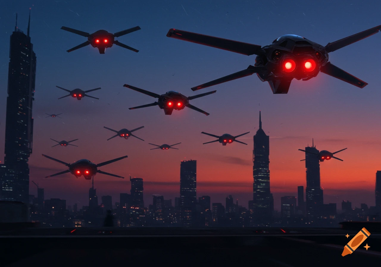 Multiple dark, futuristic drones with glowing red lights fly menacingly over a city skyline at dusk.