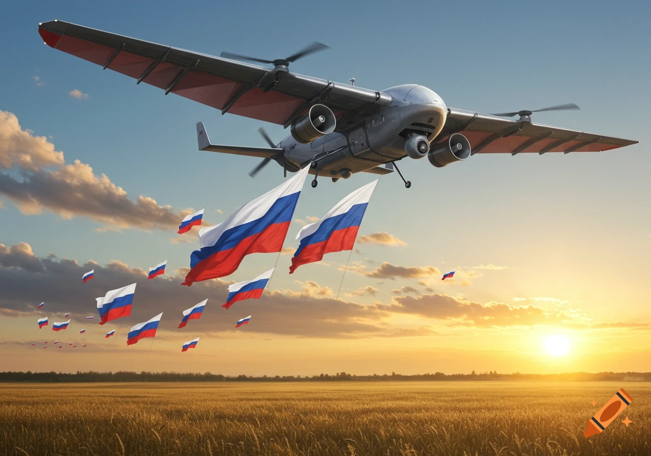 A photorealistic drone flies over a wheat field at sunset, scattering numerous Russian flags.