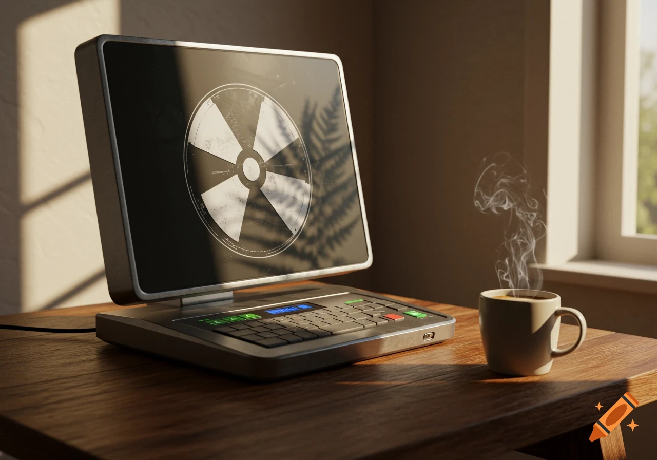 A retro-futuristic radiation monitor displaying a hazard symbol, next to a steaming cup of coffee on a wooden desk bathed in sunlight from a window. Photorealistic style.