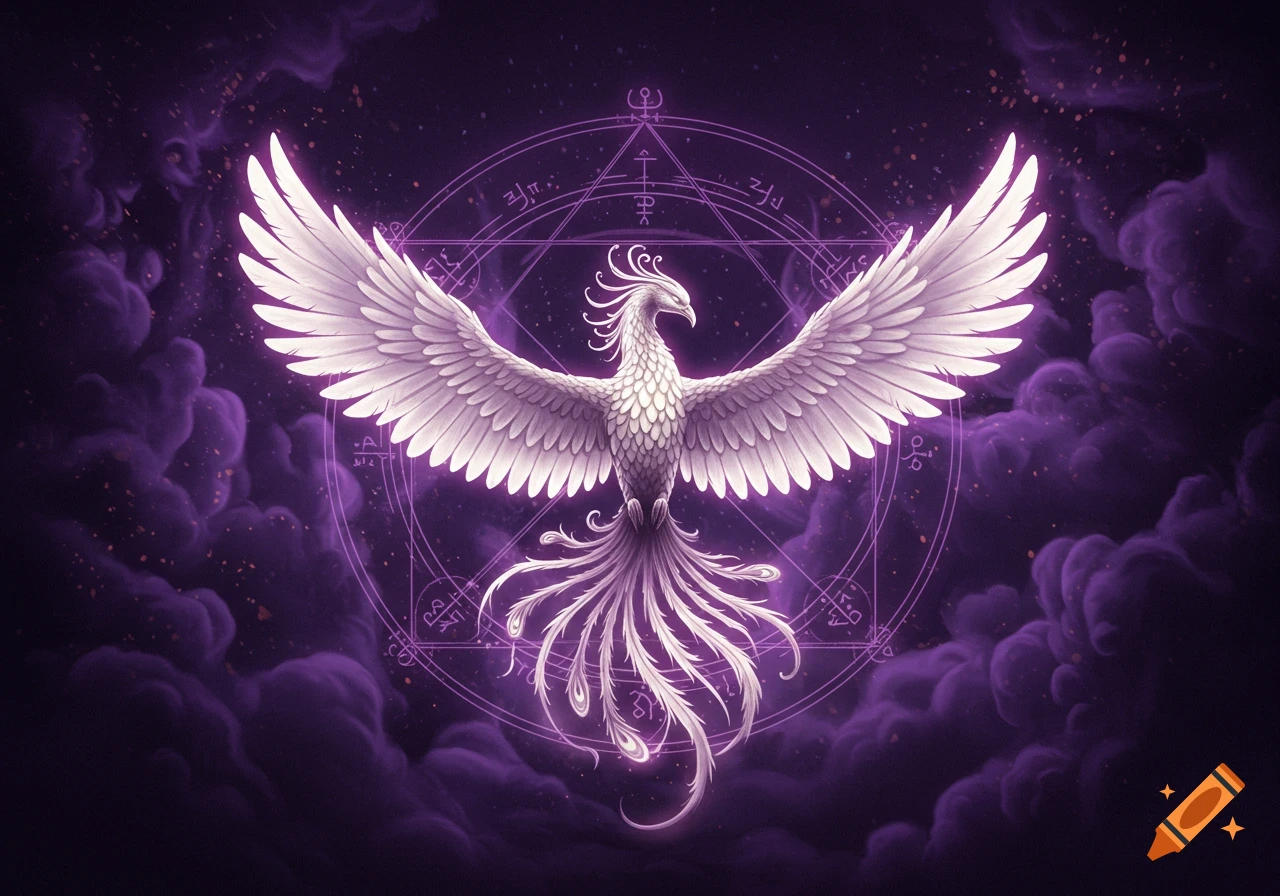 A majestic white phoenix with glowing wings stands against a dark purple, cloudy sky with golden specks, framed by a luminous sacred geometry symbol.