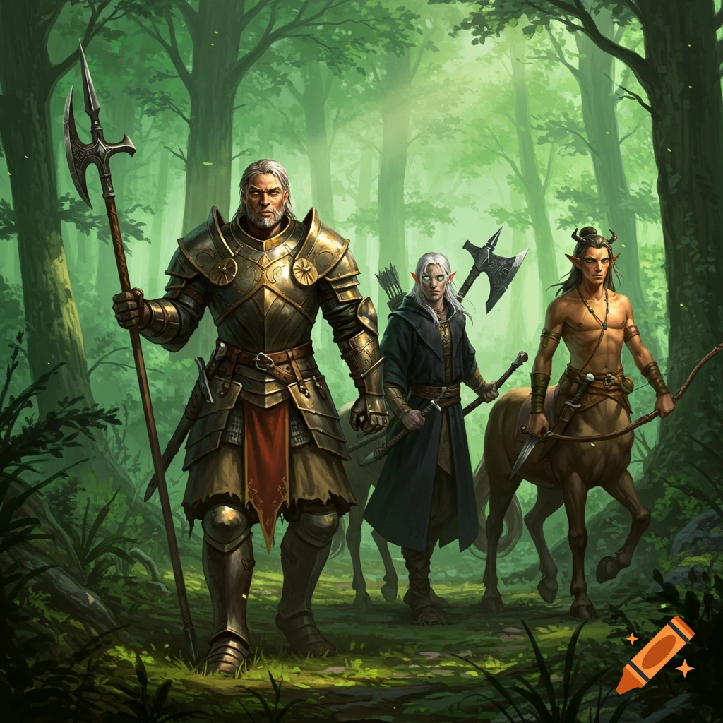 Three fantasy adventurers, including a paladin, an elf-like sorcerer, and a centaur archer, walk through a lush green forest.