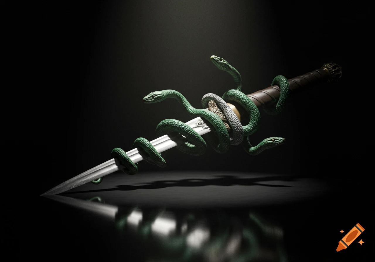 A dramatic close-up of a sword pointing downwards, wrapped tightly by multiple green snakes, against a dark background under a spotlight.