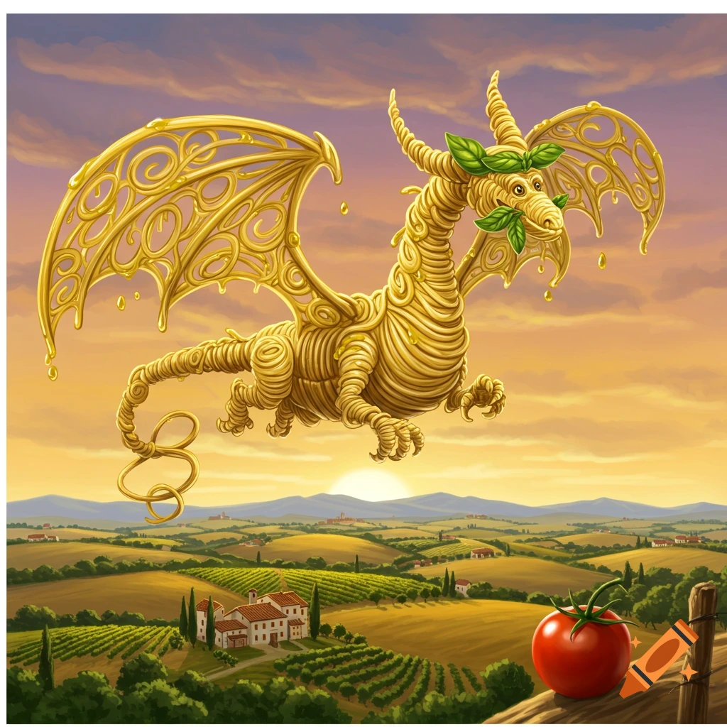 A whimsical illustrated dragon made of spaghetti with basil leaves flies over a sunny Italian vineyard landscape with a tomato on a fence.