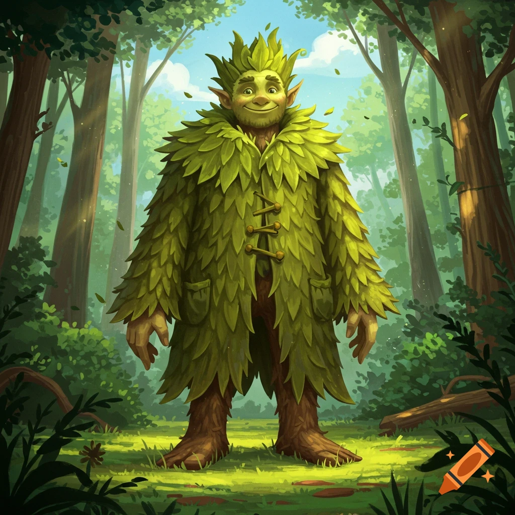 A jolly, smiling, leaf-covered forest creature resembling a giant stands in a sun-dappled, cartoon-style forest.