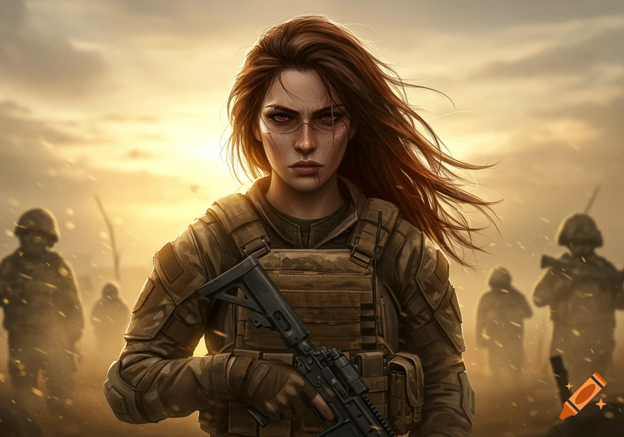 A determined female soldier with brown hair, a scar, and glowing red eyes holds a rifle in a dusty, golden-lit battlefield.