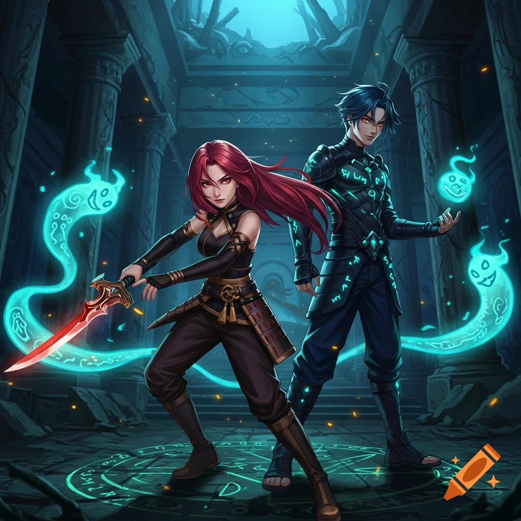 Anime-style fantasy image of a red-haired woman with a glowing sword and a blue-haired man with magic in a dark temple ruin.