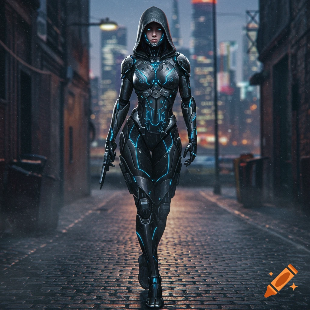 A futuristic female assassin in a black and blue glowing armored suit walks down a cobblestone alley in a cyberpunk city.