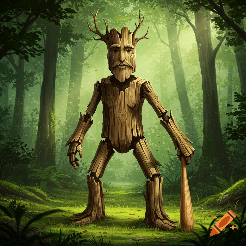 A wooden man with a human face and antler-like branches stands in a lush green forest, holding a wooden bat.