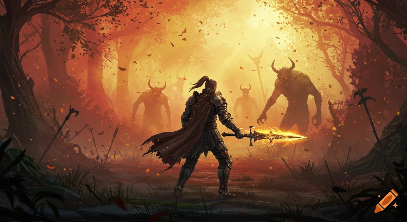 Warrior with glowing sword faces horned monsters in a fiery, ominous forest. Epic fantasy illustration.
