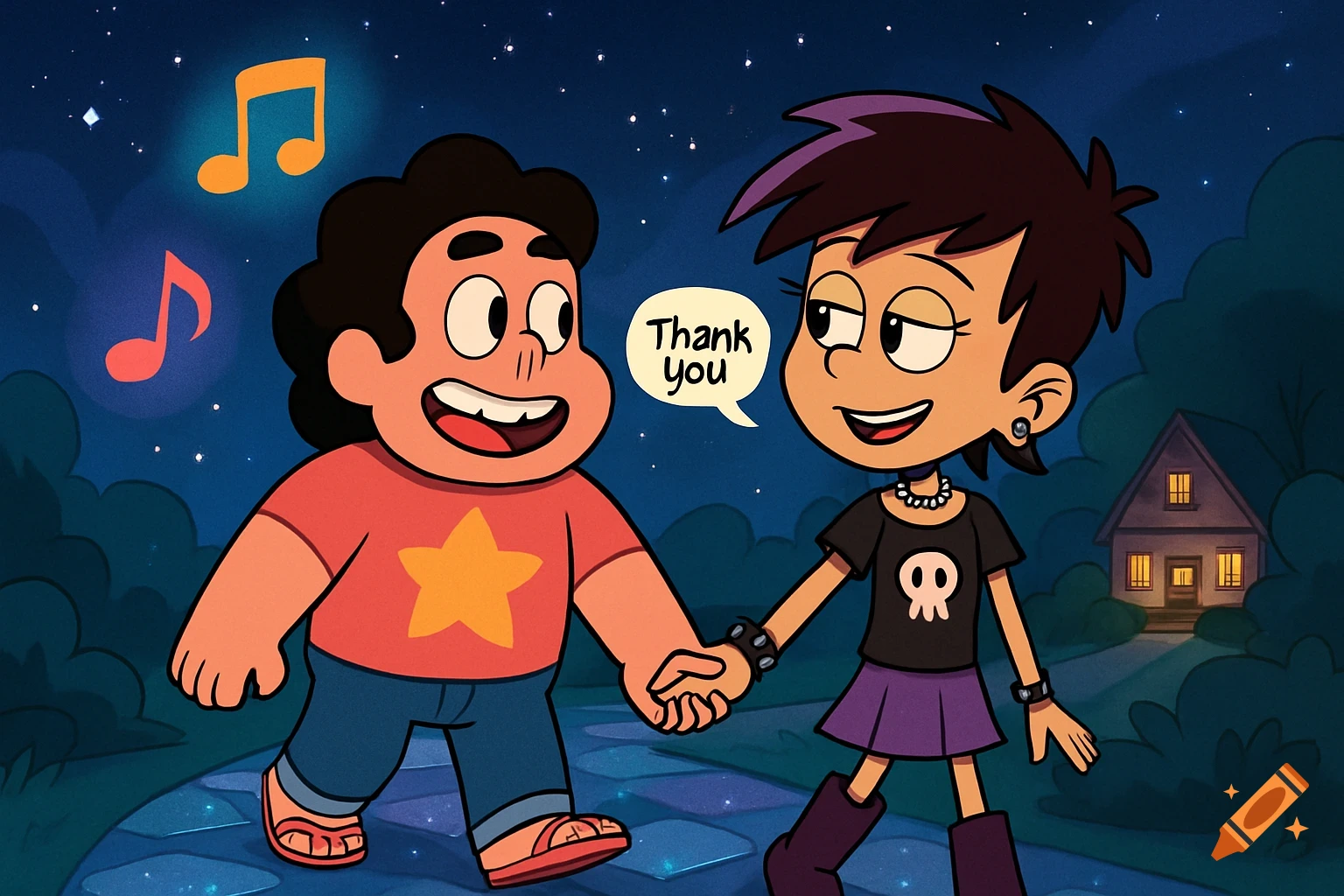 Cartoon Steven Universe and Luna Loud hold hands while walking on a starry path at night. A speech bubble reads 'Thank you'.