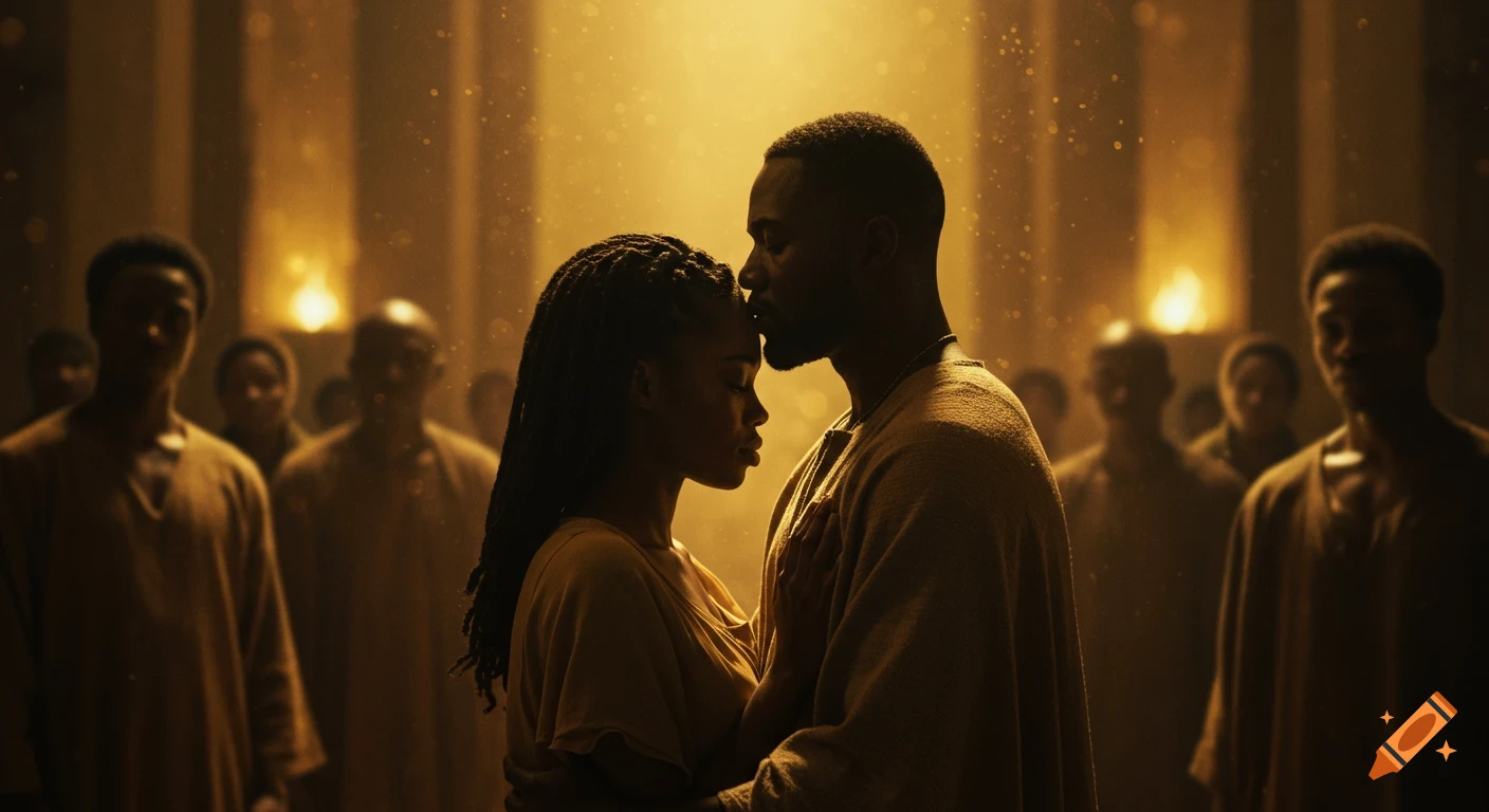 A Black man kisses a Black woman's forehead in a tender embrace, surrounded by shadowy figures in a warm, glowing, cinematic setting.