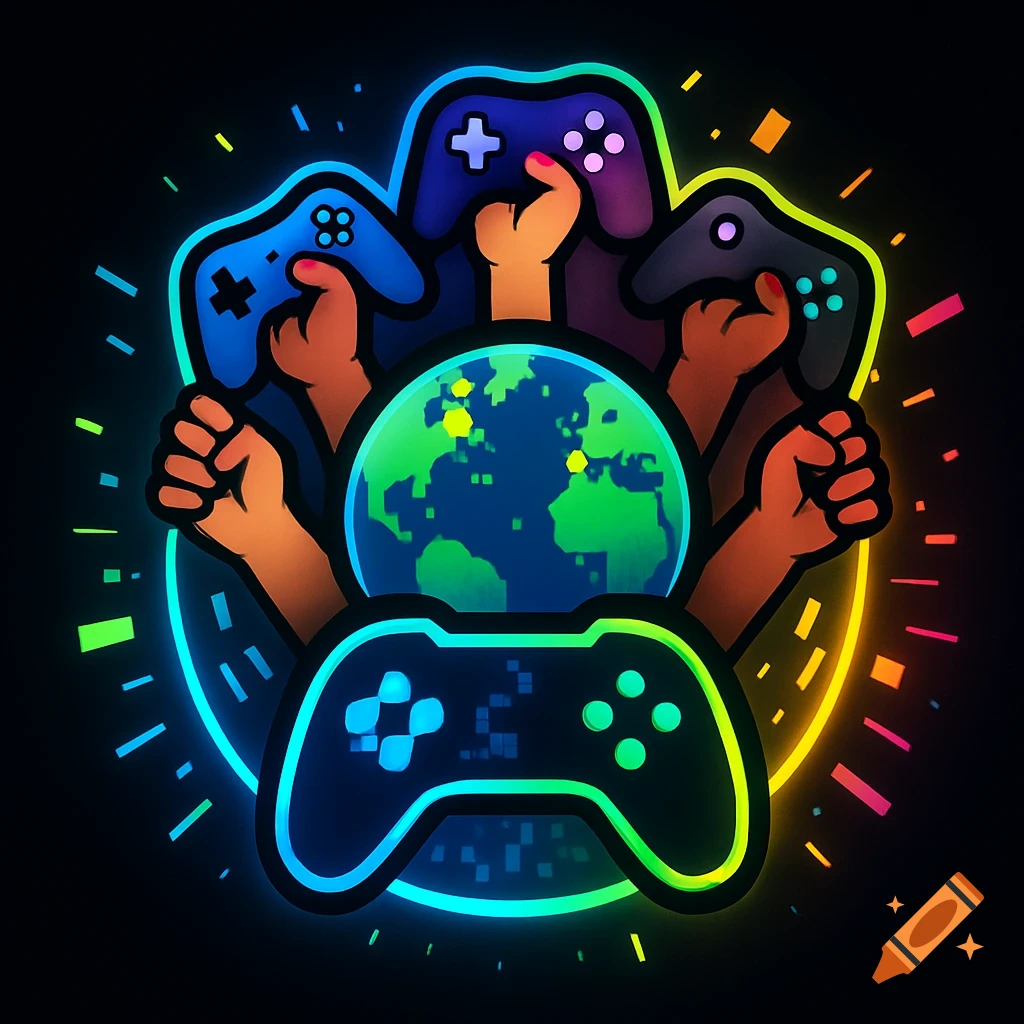 A vibrant neon logo featuring multiple hands holding game controllers around a stylized globe, symbolizing a global gaming community.