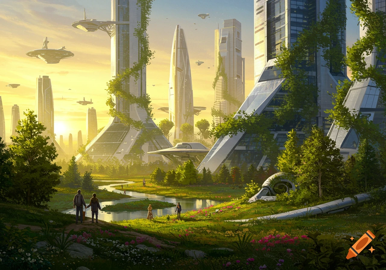 Digital painting of a futuristic city with towering, vine-covered skyscrapers, lush green landscapes, rivers, and small figures walking.