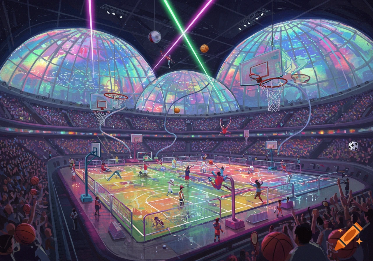 A vibrant, futuristic indoor sports arena with multiple colorful courts, flying basketball hoops, players, and a large audience under rainbow-domed roofs.