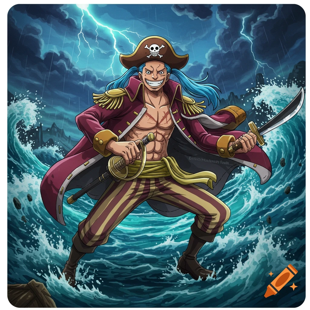 Buggy the Pirate from One Piece, smiling and holding two swords amidst stormy seas and lightning in an anime style.