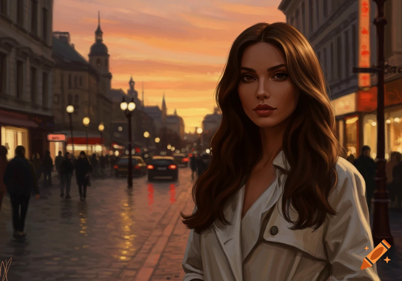 Digital painting of a woman with long brown hair, wearing a trench coat, standing on a wet city street at sunset.