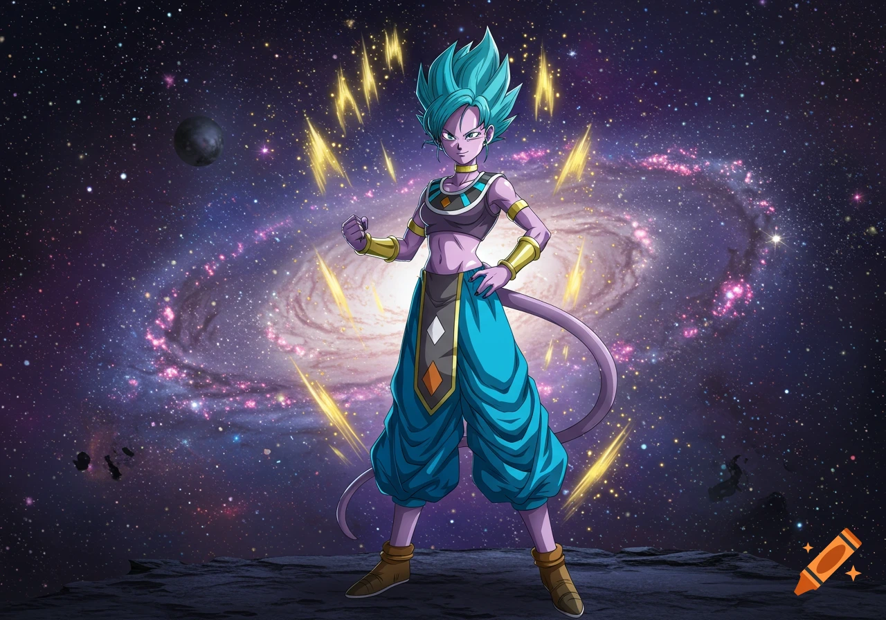 Anime-style female character with purple skin, teal spiky hair, and a tail, glowing with energy against a cosmic galaxy background.